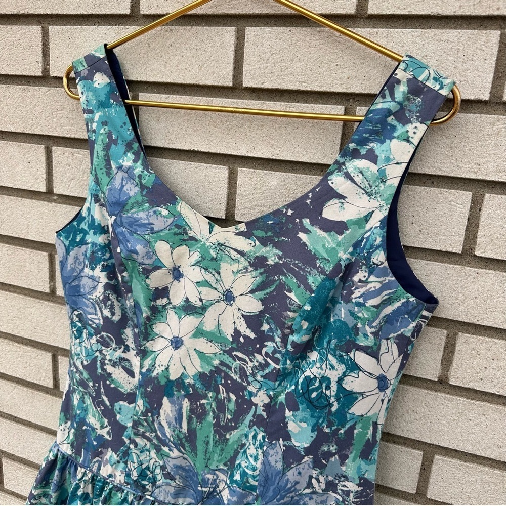 Vintage Laura Ashley Blue Floral Drop Waist Dress 80s 90s White Teal Sleeveless - Picture 3 of 10